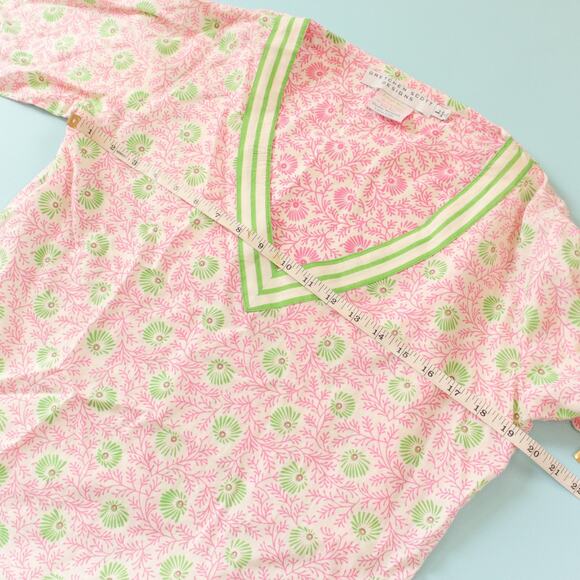 Gretchen Scott Okeefe Pink Green Trim Pattern Tunic Top Size Large 100% Cotton - Picture 4 of 7